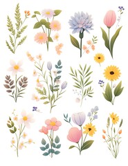 Pressed wildflowers in vibrant colors arranged in a delicate botanical collage on white paper