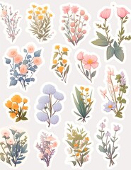 Pressed wildflowers in vibrant colors arranged in a delicate botanical collage on white paper