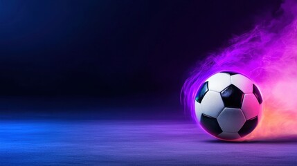 Fototapeta premium Dramatic moment of a glowing soccer ball in mid air during a powerful goal kick set against a vibrant gradient night sky background