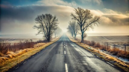 Fototapeta premium Asphalt road disappearing into a misty sunrise, lined with leafless trees and bordered by frost-covered fields