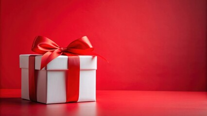 Obraz premium A pristine white gift box adorned with a vibrant red ribbon, presented against a rich scarlet backdrop.