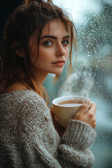 Serene Woman in Cozy Sweater Holding a Steaming Cup of Tea by a Rain-Streaked Window, Lost in Thought