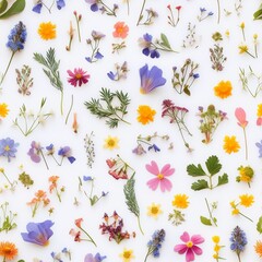 Obraz premium Pressed wildflowers in vibrant colors arranged in a hyperrealistic flat lay on white paper