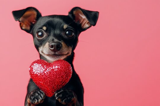 Cute manchester terrier canine with sparkling rhinestones red heart - sign of love, funny greeting card. Manchester terrier - my cherished dog. Digital ads artwork. Dog valentine ideas.