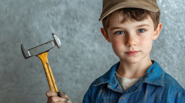A young boy in overalls holds a hammer, looking directly at the camera.