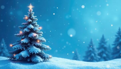 Obraz premium Frosty blue sky with snowflakes gently falling on a bare Christmas tree, snowflake, frosty