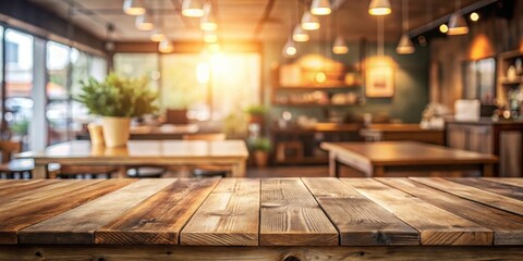 Rustic Wooden Tabletop in a Sunlit Cafe Setting
