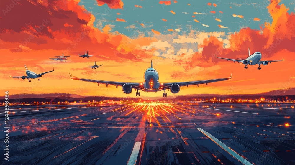 Poster a vibrant scene of a busy airport runway with multiple airplanes taking off and landing, highlightin
