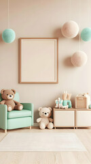 3D Illustration of Cozy Minimalist Nursery Room with Empty Frame and Toys