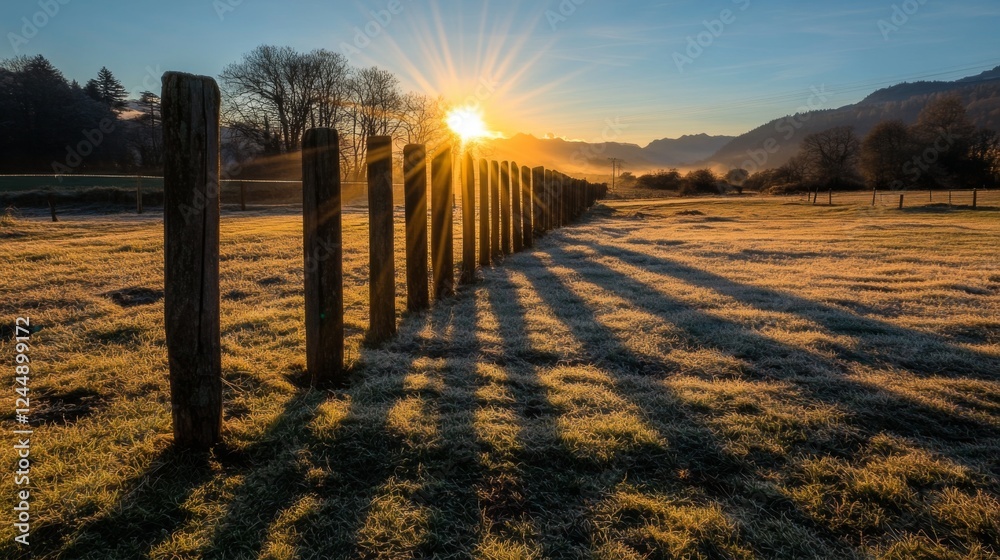 Poster a vibrant sunrise illuminating a row of utility poles, with the light casting long shadows across a 