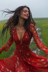Young Woman in Vibrant Red Dress Dancing Freely in a Gentle Rain Shower in an Open Field, Hair Wet and Flowing