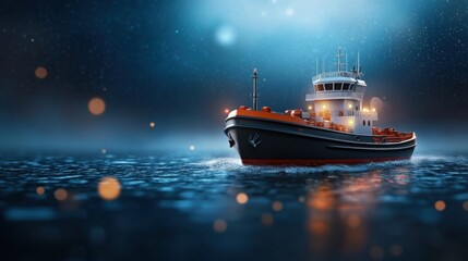 Fototapeta premium Digital Inspired Cargo Ship Navigating Stormy Seas at Night A Futuristic and Dramatic Seascape with Glowing Lights and Reflections on the Turbulent Ocean