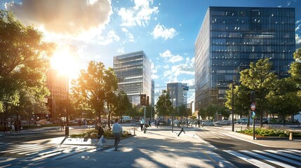Sunlit city street with pedestrians and modern architecture.