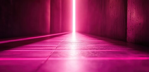 Pink neon light illuminating a tiled floor in a dark corridor.
