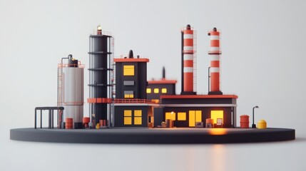 Obraz premium Low-poly 3D model of an illuminated industrial factory at night.