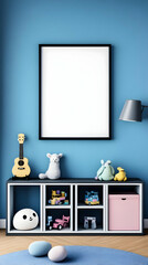 Modern Playroom Interior Decor Showcases Toys and Blank Frame on Blue Wall for Mockup Design