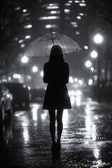 A woman stands alone in the rain at night, holding a transparent umbrella, with city lights reflecting off the wet pavement, creating a reflective and moody scene