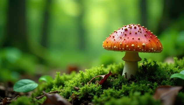 Lush green forest floor with a large mushroom growing from decaying leaves, fungal growth, saprophyte