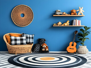 Cozy Playroom Interior Design Features Wicker Furniture, Toys, and a Guitar in Blue Room Decor.