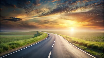 Naklejka premium Asphalt road curving gently through a picturesque landscape at sunset, bathed in golden sunlight and vibrant colors