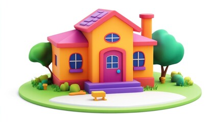 Fototapeta premium Cute cartoon house with vibrant colors, situated on a small green lawn with trees.