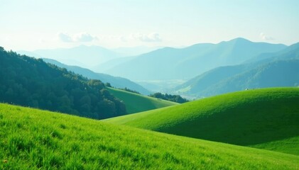 Obraz premium Rolling hills with misty mountains in the distance, mountains, scenery, green