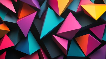 Fototapeta premium Collection of abstract triangle shapes in bold colors, forming a vibrant, layered pattern with depth and sharp angles on a black background