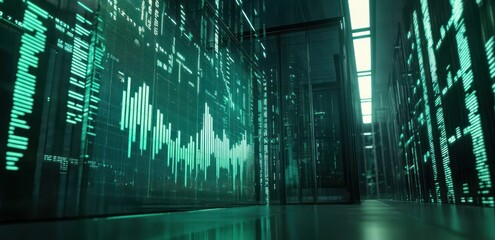 Futuristic server room with glowing data streams and graphs on walls.