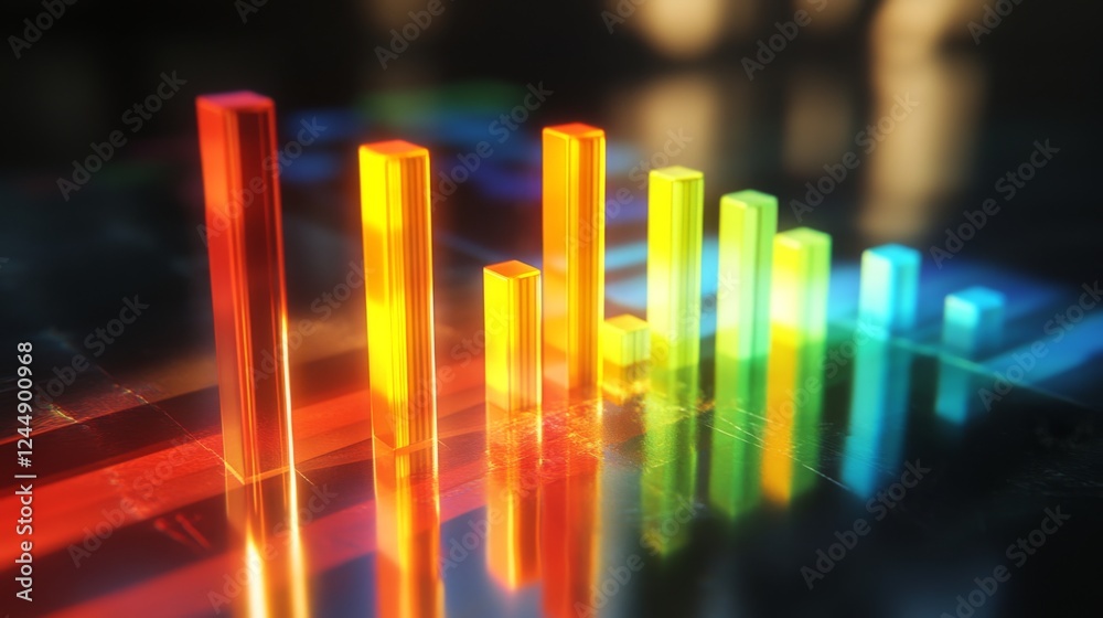 Fototapete colorful d bar graph with tall, transparent bars on a reflective surface, casting shadows and illumi