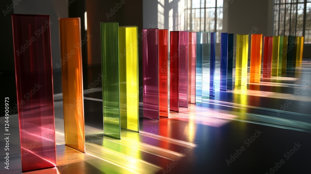 Fototapete colorful d bar graph with tall, transparent bars on a reflective surface, casting shadows and illumi