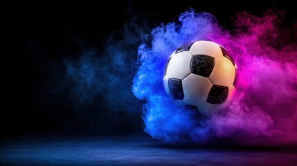 Fototapeta premium Dynamic sports action of a soccer or football ball mid air rushing into the goal surrounded by vibrant colorful smoke or fog creating an intense energetic atmosphere