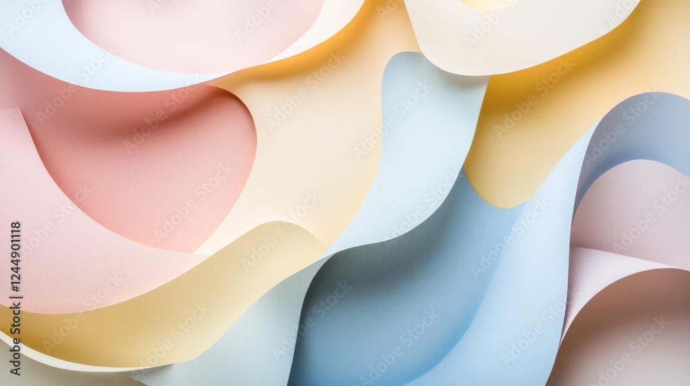 Poster creative abstract graphic featuring layered paper-cut style shapes in pastel tones, creating a d vis