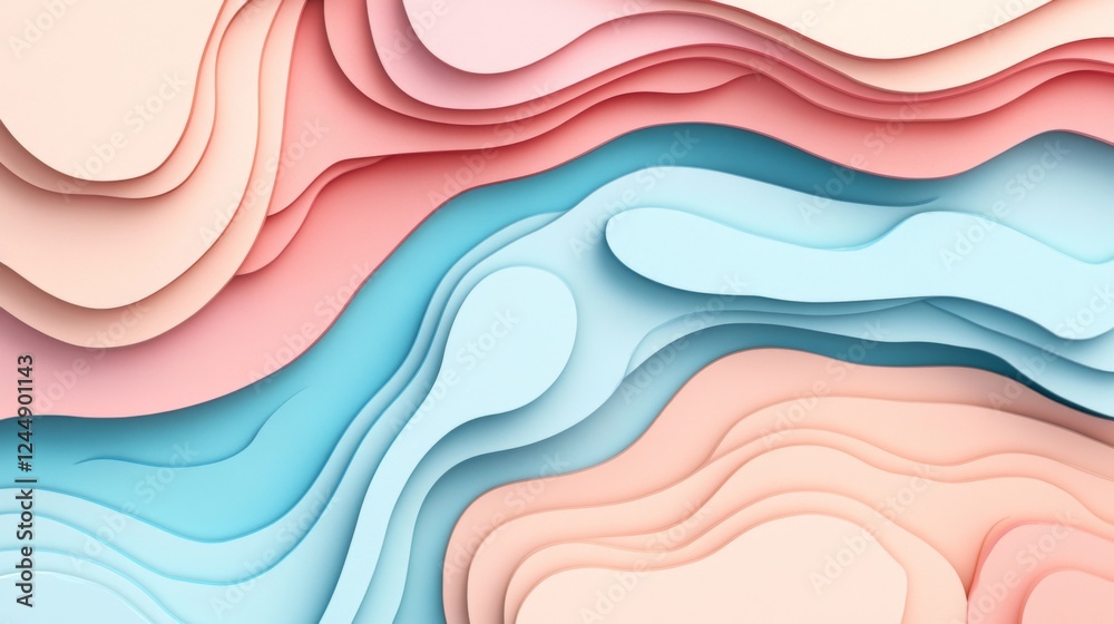 Poster creative abstract graphic featuring layered paper-cut style shapes in pastel tones, creating a d vis