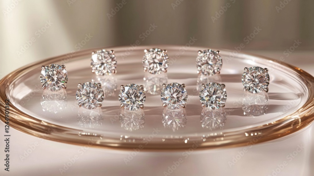Aufkleber diamonds arranged in a circular pattern on a glass surface, with soft, diffused lighting highlightin