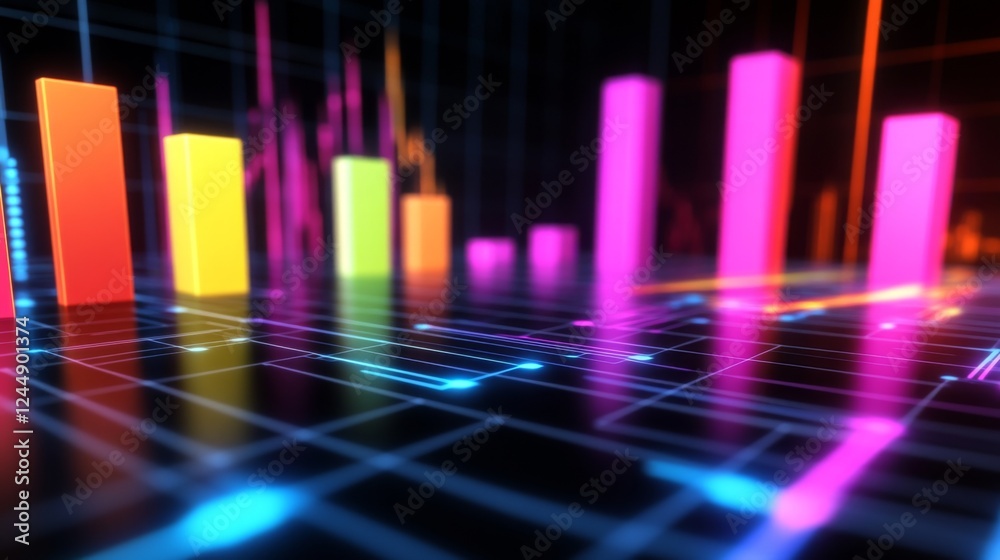 Poster Dark-themed D bar chart with neon-colored bars and a digital grid base, capturing a futuristic data visualization aesthetic