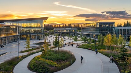 Sunset view of a modern campus with people walking, biking, and relaxing in landscaped pathways.