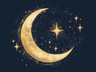 Naklejka premium Golden Crescent Moon and Stars against a Night Sky Background Illustration