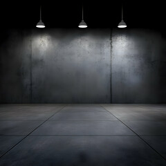 Dark Empty Room with Concrete Wall and Three Lamps Illuminates the Floor Tiles Smoothly