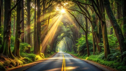 Fototapeta premium Sunlit Path Through a Lush, Green Canopy of Trees with a Road Leading Into the Distance