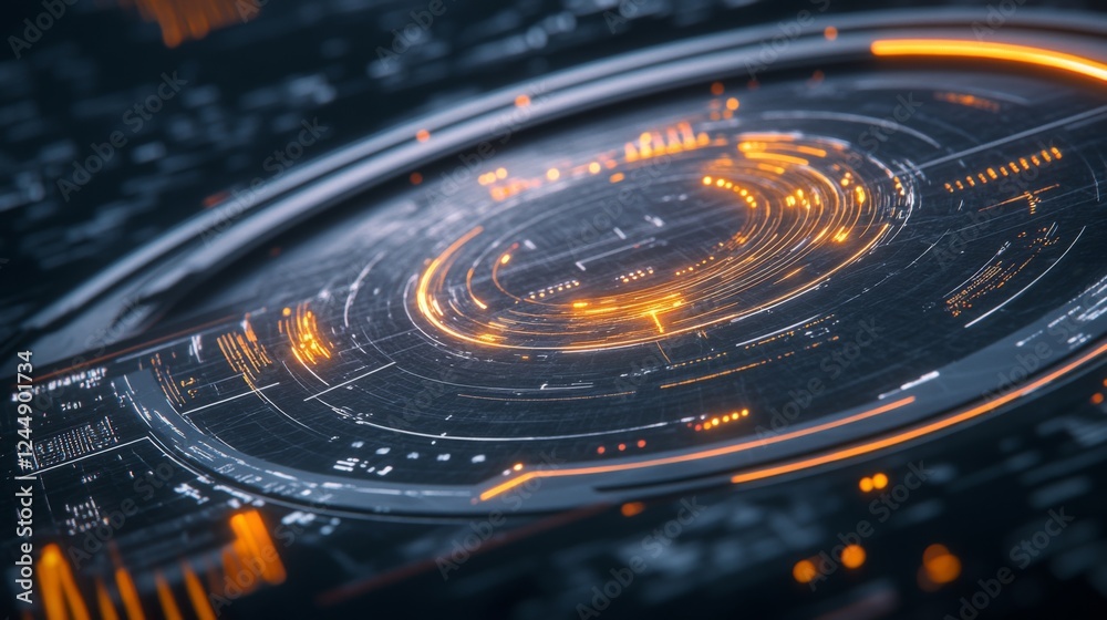 Fototapete futuristic radar-style circular graphic with bright neon lines and rotating elements on a dark tech-