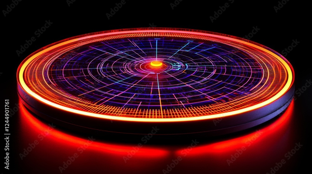 Fototapete Futuristic radar-style circular graphic with bright neon lines and rotating elements on a dark tech-inspired background