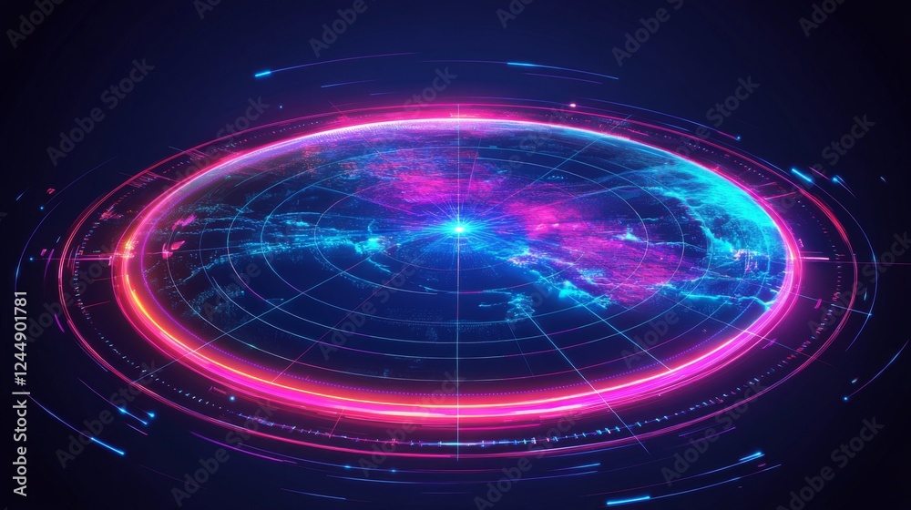 Leinwandbilder futuristic radar-style circular graphic with bright neon lines and rotating elements on a dark tech-