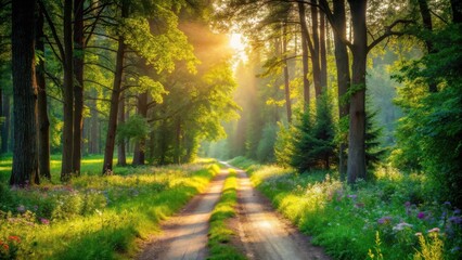 Sunlit Path Through a Verdant Forest at Dawn, Illuminated by Golden Rays