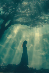 A woman stands under a large tree during a light rain as rays of sunlight break through the clouds creating a serene and magical atmosphere