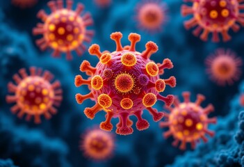 3D rendering of Oropouche virus, known as 'sloth virus,' showcasing its spiky, spherical structure in vibrant red and orange hues.