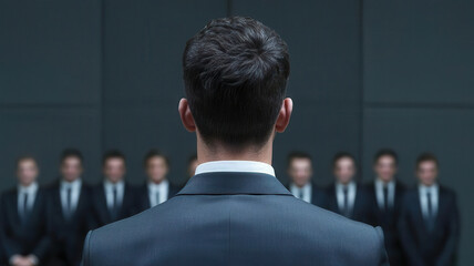 Fototapeta premium Job Interview Atmosphere Concept, man in suit stands before group of executives in corporate setting