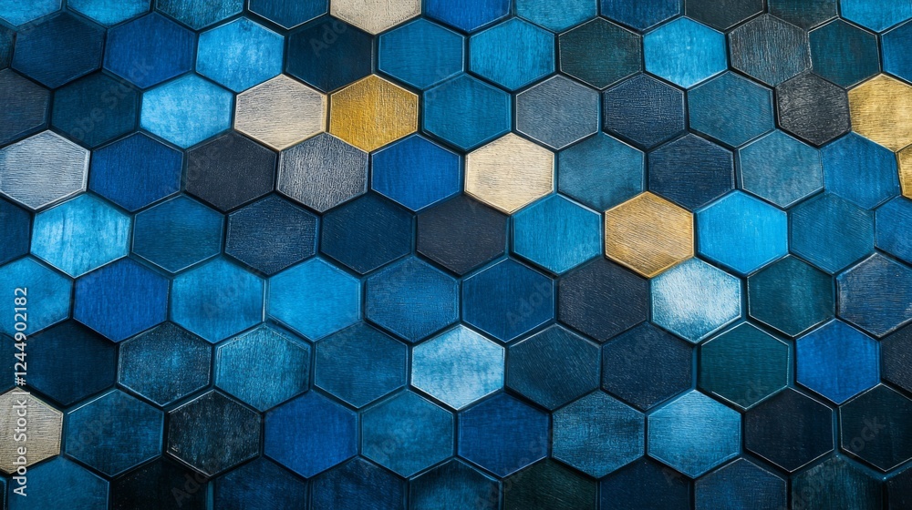 Aufkleber hexagonal geometric patterns in cool blue tones, layered with shadows and textures for a modern, tec