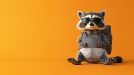 Obraz premium Cute cartoon raccoon wearing sunglasses and backpack, sitting on orange background.