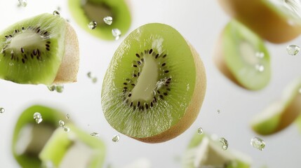 Fresh kiwi fruit slices levitating with water droplets against a white background.