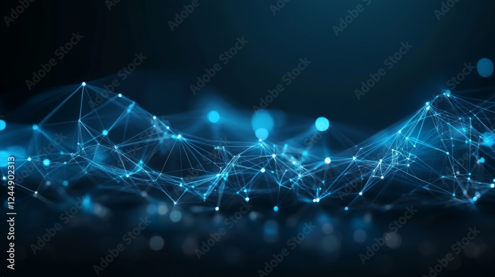 Poster high-tech digital circuit design in blue tones, with interconnected lines and nodes creating a compl